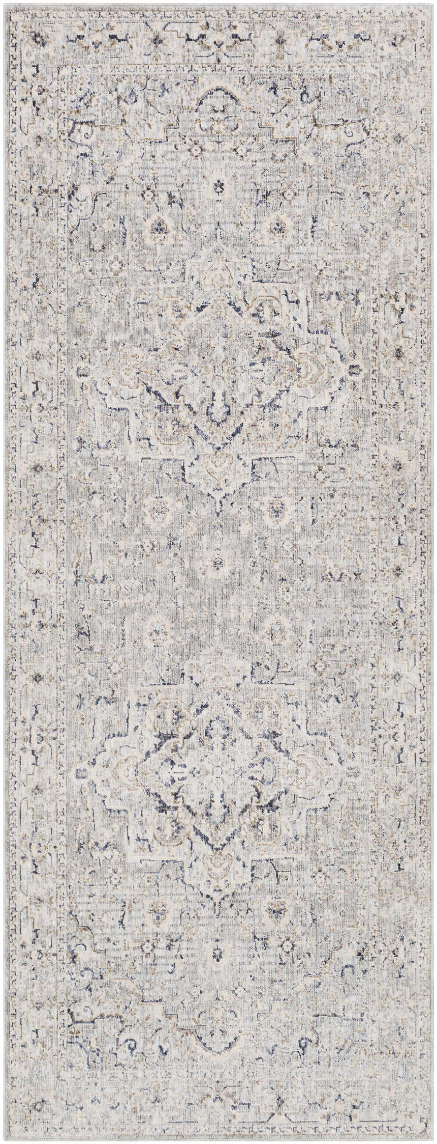 Close-up of Brodhead Luxe Area Rug in cream, taupe, and navy. Traditional, machine-woven design. Cotton/polyester blend. Design-Runner-3310
