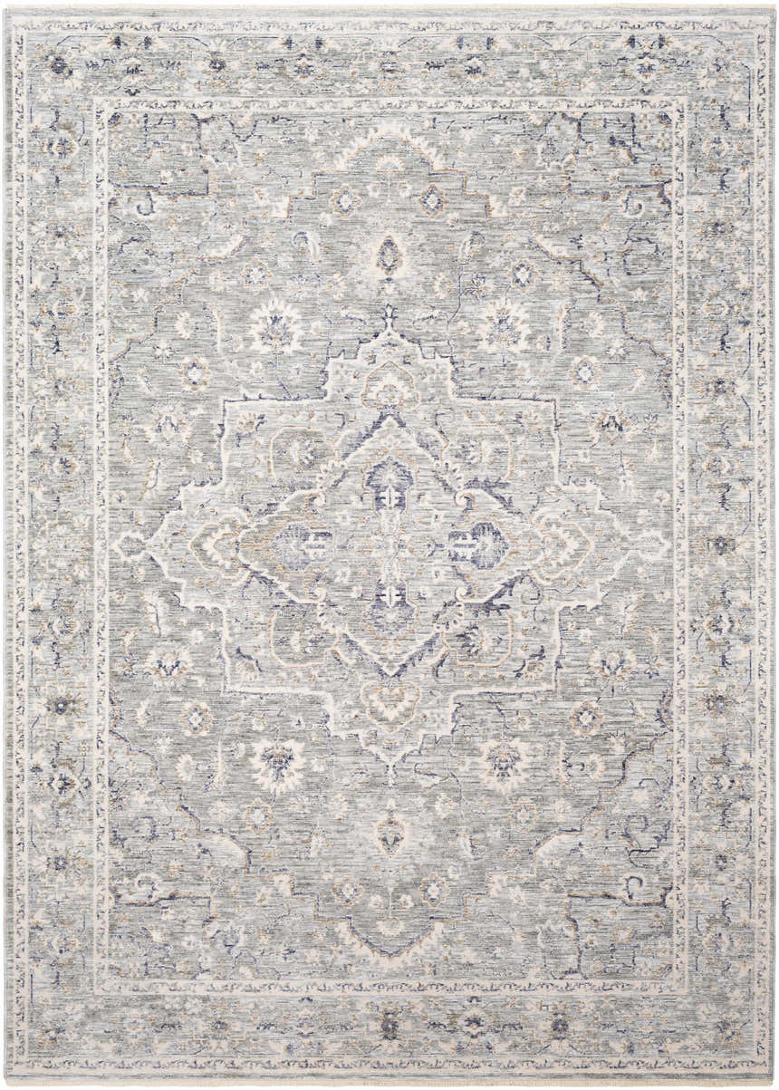 Close-up of Brodhead Luxe Area Rug. Machine-woven cotton blend with a traditional oriental design in pale blue, cream, and taupe. Design-Rectangle-582