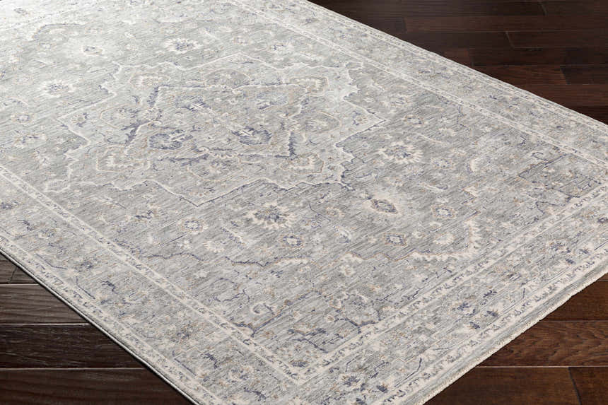 Close-up of the Brodhead Luxe Area Rug showing its traditional cream, taupe, and denim pattern on dark wood floors. Corner