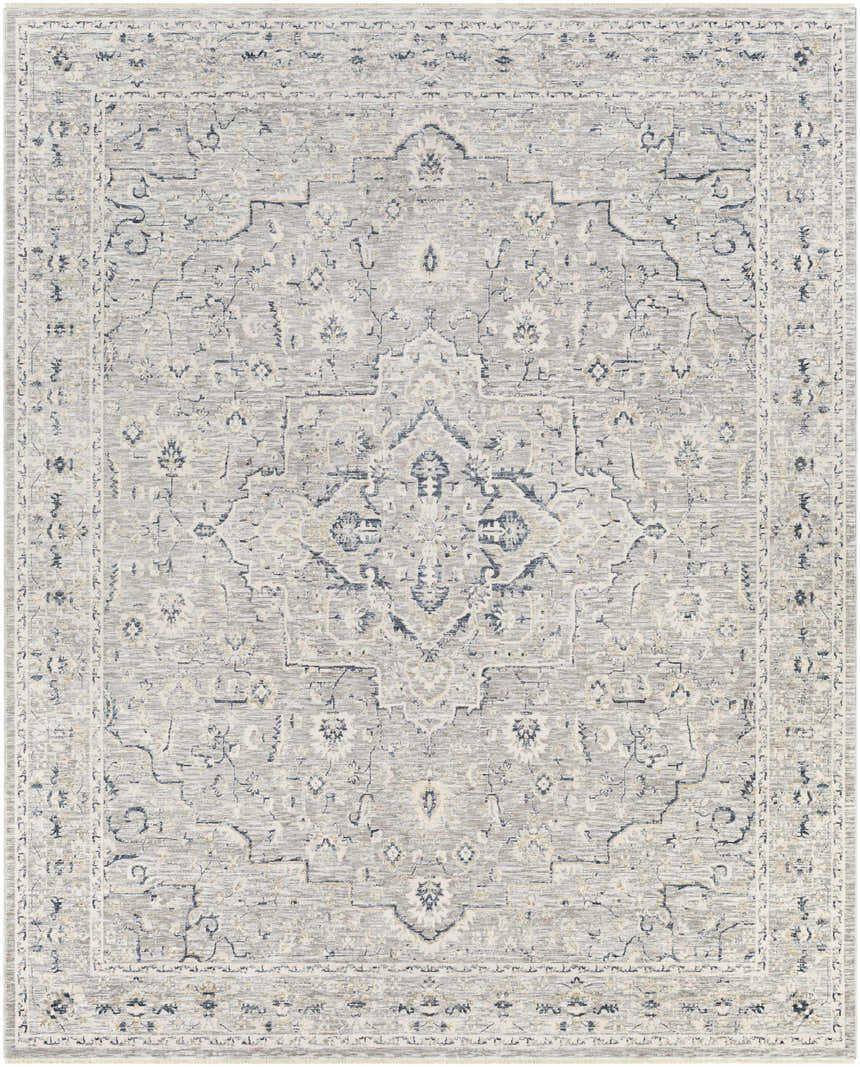 Detailed Brodhead Luxe Area Rug featuring a traditional, faded Oriental design in cream, gray, and navy. Design-Rectangle-710103