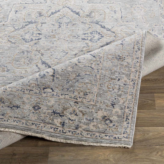 Close-up of the Brodhead Luxe Area Rug showing its traditional, bohemian pattern in cream, taupe, and navy. Fold