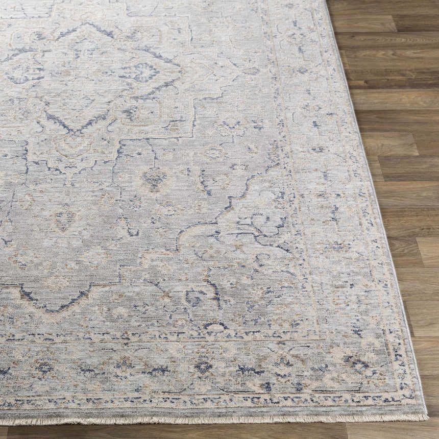 Close up of Brodhead Luxe Area Rug showing traditional blue, cream, and taupe pattern and fringe detail on wood floor. Front