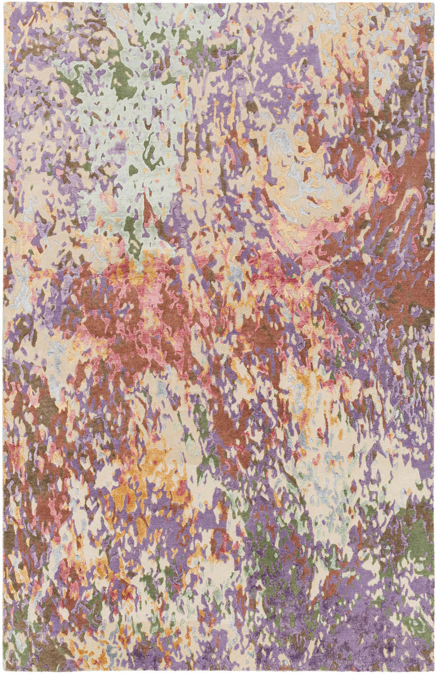 Close-up of the Bronxville Area Rug. Hand-knotted viscose rug in dark brown, lavender, lilac, olive, and peach. Contemporary style. Design-Rectangle-576