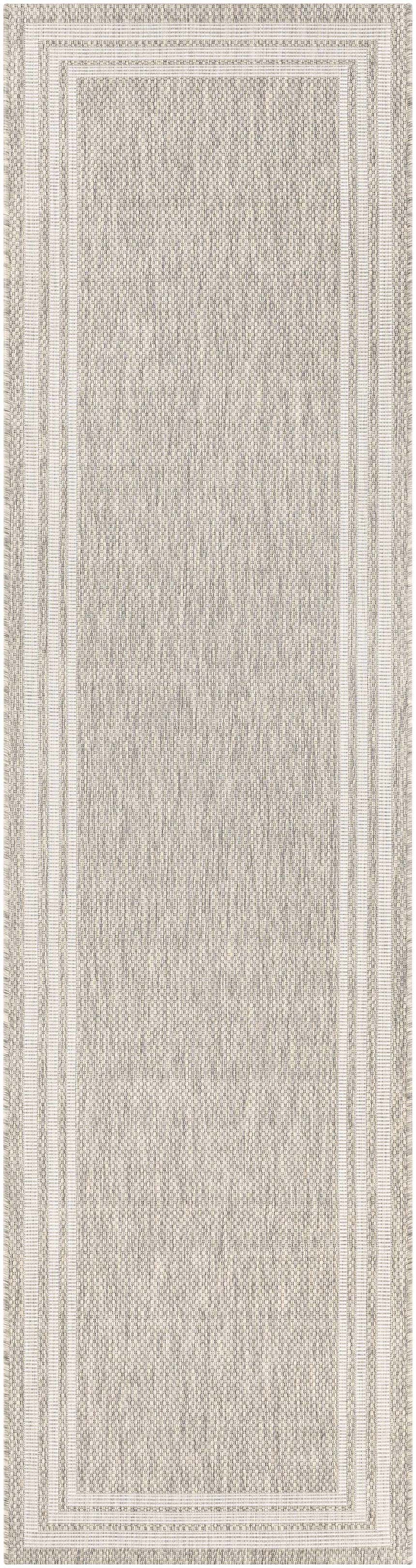 Close-up of the Burradoo Bordered Area Rug. Beige and gray woven texture with a light beige striped border. Design-Runner-2710