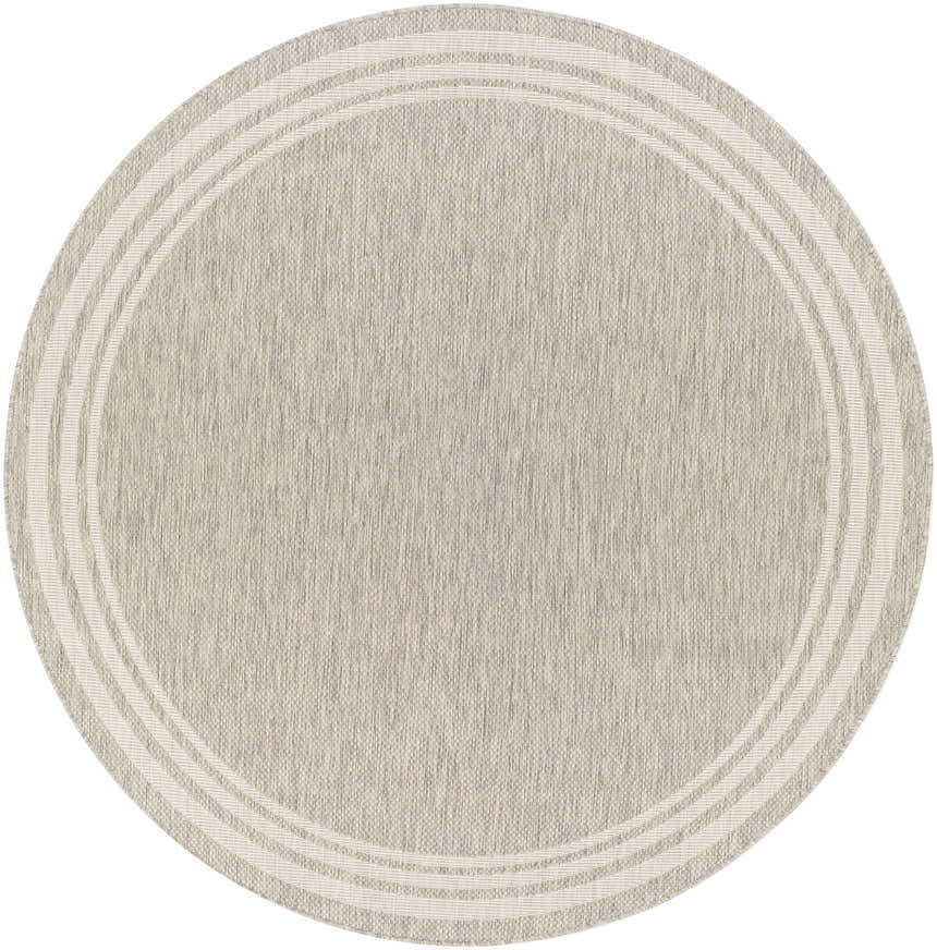Close-up of a round Burradoo Bordered Area Rug. Beige rug with a light beige striped border. Machine woven polypropylene. Design-Round-67