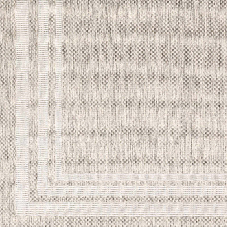 Close-up of the Burradoo Bordered Area Rug. Beige and gray woven texture with a light beige striped border. Swatch