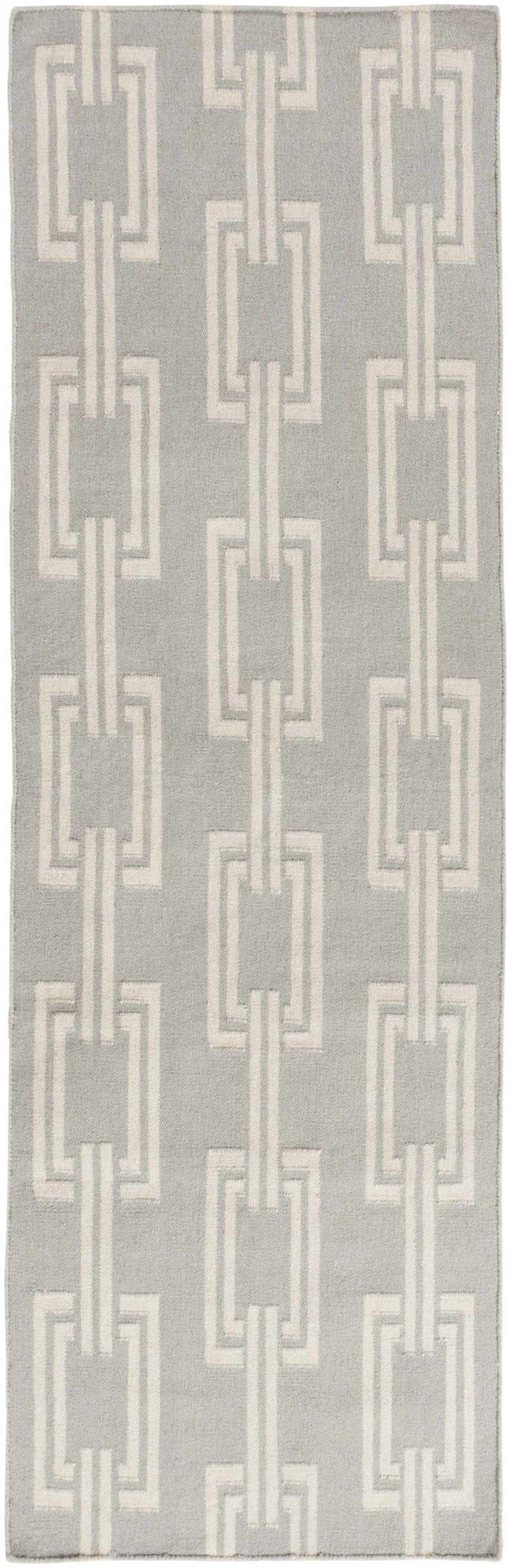 Close-up of the Brundidge Area Carpet in gray and ivory, featuring a geometric chain-link pattern. Hand-woven wool rug. Design-Runner-268