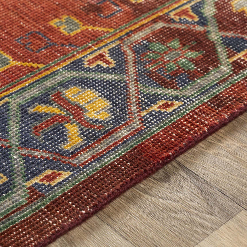 Close-up of the Brush Premium Handmade Wool Rug showing brick red, blue, and mustard traditional pattern and hand-knotted texture. Texture