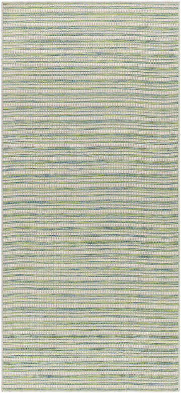 Close-up of the Greg Green Area Rug showing its woven texture and horizontal stripes of blue, green, and natural gray. Design-Runner-36