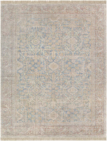Close-up of the hand-woven Bunawan Premium Rug. Bohemian style with blue, burgundy, and light gray oriental rug pattern. Design-Rectangle-810