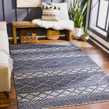 Transitional mudroom with a navy and light beige Bunclody Jute Carpet, wood bench, and potted plants. Roomscene-Rectangle
