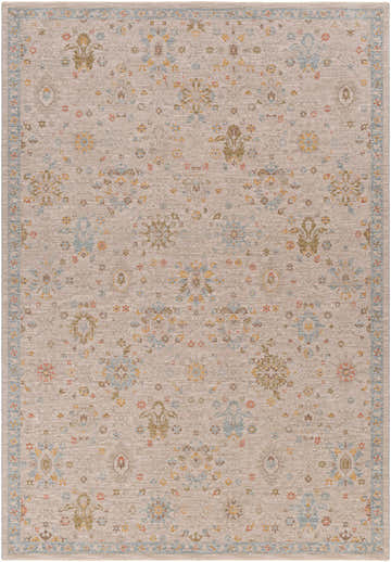 Detailed view of the Burcu Thick Luxe Area Rug with amber, blue, and brown floral pattern. Design-Rectangle-6796