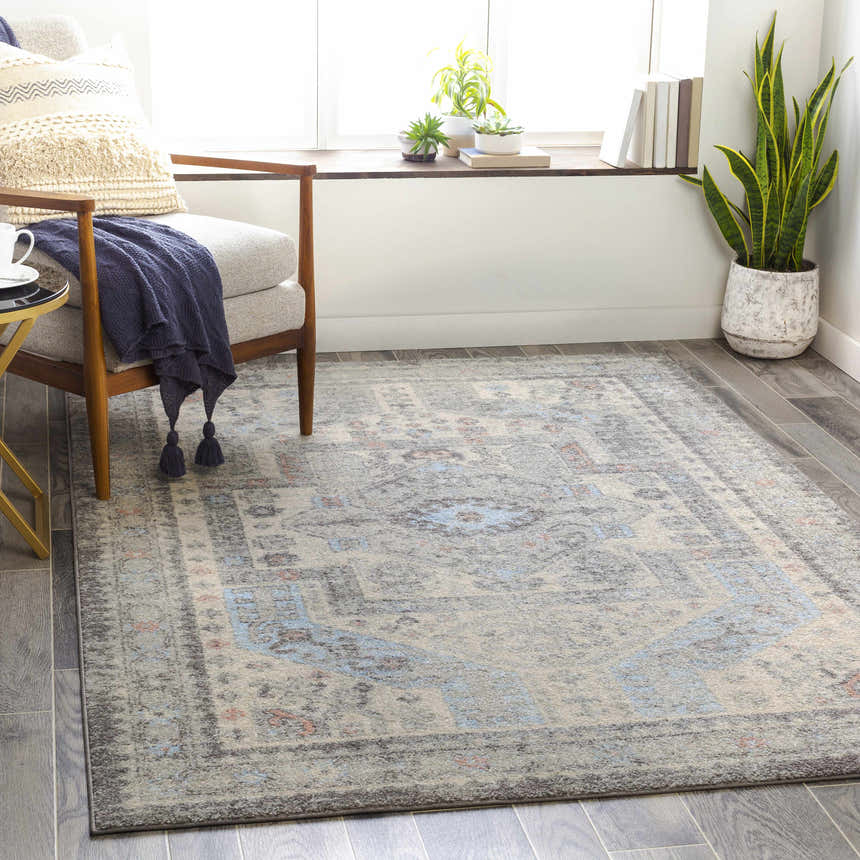 Living room scene with Burham Area Rug in charcoal, pink, blue, and off-white. Chair, plants, and wood floors. Roomscene-Rectangle