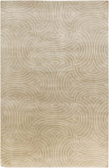 Close-up of the tan Burnwell Area Carpet featuring a geometric, layered arch pattern. Wool, hand-knotted rug. Design-Rectangle-58
