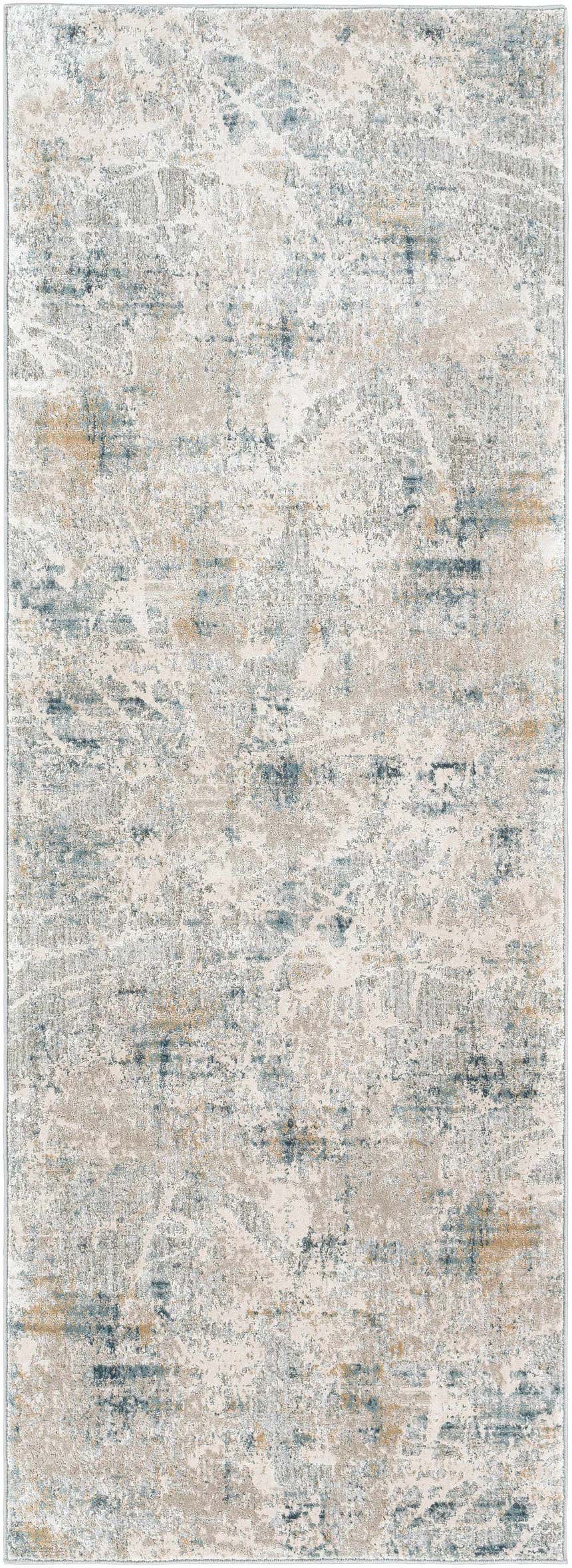 Close-up of the Burstwick Thick Luxe Boutique Rug. Features a contemporary abstract design in dusty sage, navy, and taupe. Design-Runner-2773