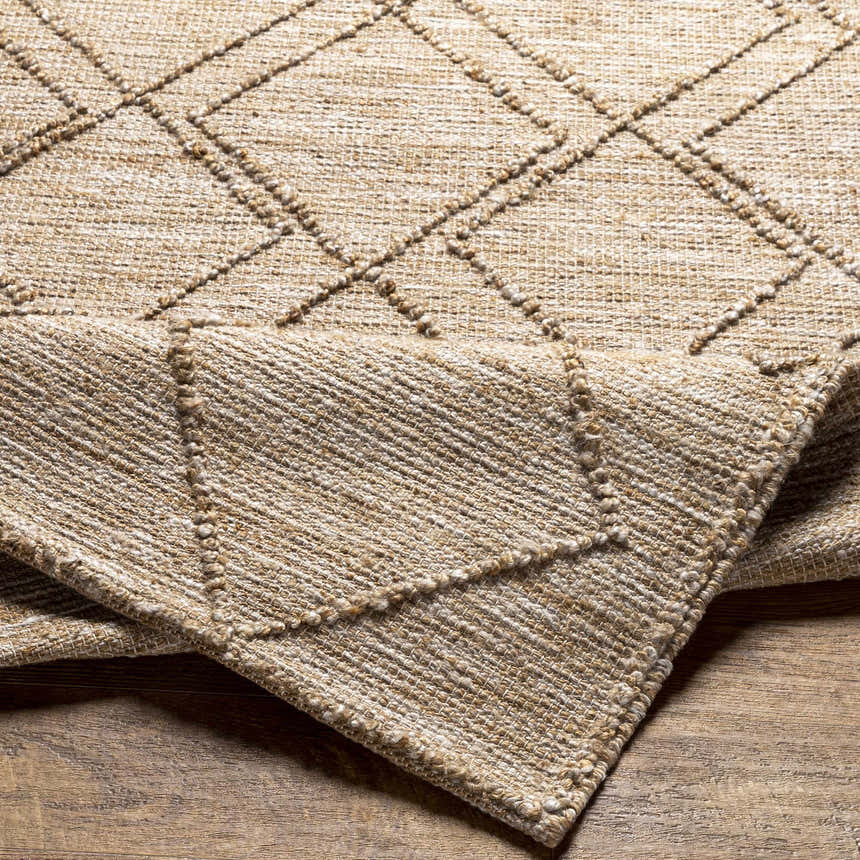 Close-up of the Buse Hand Woven Beige Area Rug showing its jute texture and diamond pattern. Brown, cream, and tan colors. Fold