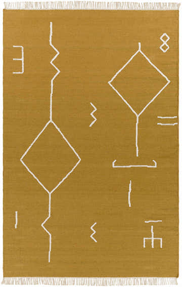 Close-up of the Bushra Area Rug; a hand-woven, mustard-colored rug with a geometric white pattern and fringed edges. Design-Rectangle-576