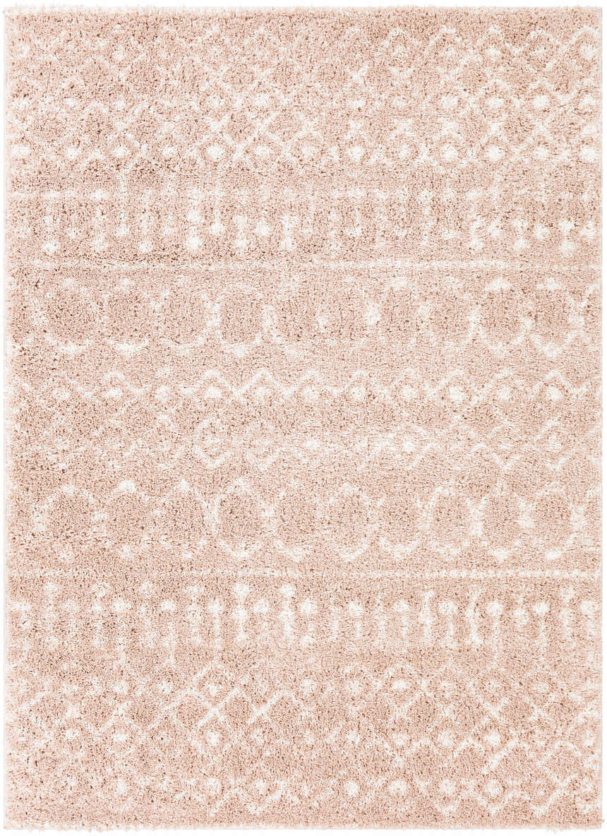 Close-up of a Blush Plush Area Rug with a cream geometric pattern and soft, shag texture. Design-Rectangle-5373