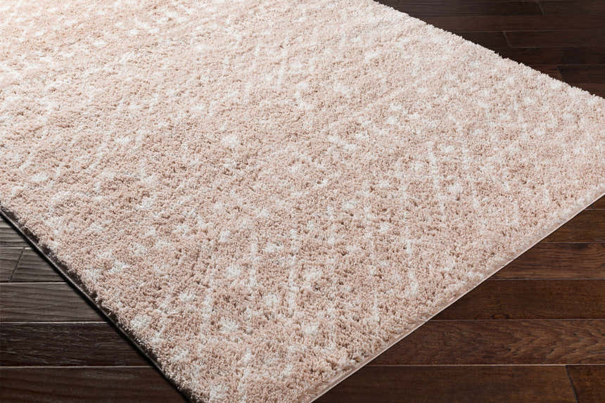 Close-up of a Blush Plush Area Rug showing its soft, cream and blush tones and plush texture. Corner