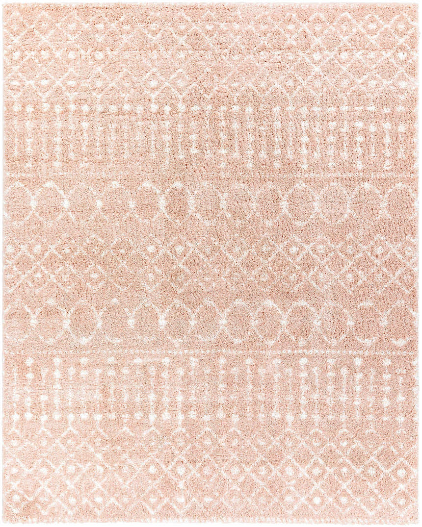Close-up of a Blush Plush Area Rug with a cream geometric pattern and a soft, shag texture. Design-Rectangle-71010