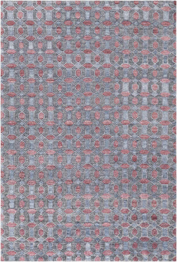 Close-up of the Byfield Carpet, a hand-knotted rug with charcoal, dark red, and ink blue geometric pattern. Design-Rectangle