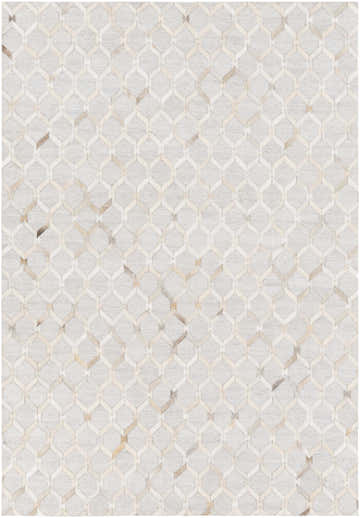 Close-up of the Byng Premium Rug. Cream, light gray, tan geometric pattern. Hand-crafted hair on hide texture. Design-Rectangle-576