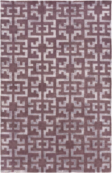 Close-up of the Calhoun Area Carpet. Hand-knotted rug with a plum background and a mauve geometric pattern. Design-Rectangle-58
