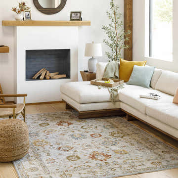 Living room scene with a Calingcuan Luxe Oushak Rug, white sofa, fireplace, and natural light. Brick red, cream, and denim accents. Roomscene-Rectangle