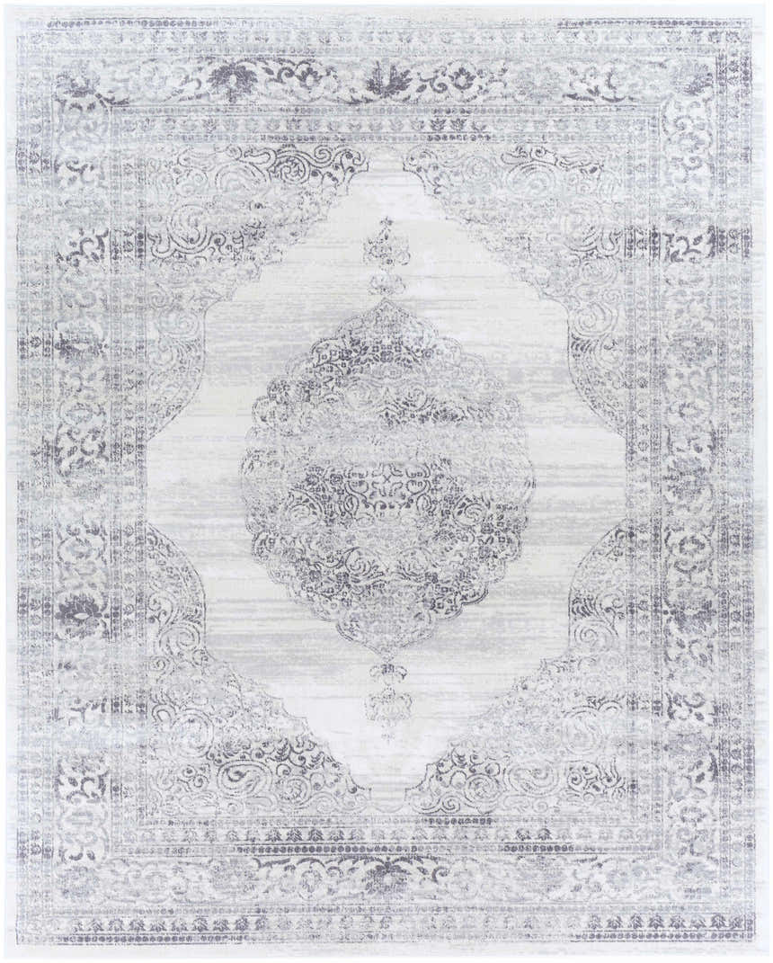 Close-up of the Caloundra Area Rug, a machine-woven, rectangular rug with a traditional, gray and charcoal oriental pattern. Design-Rectangle-71010