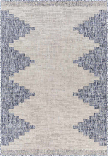 Close-up of the Djugun Blue Outdoor Rug featuring a geometric pattern in navy and off-white. Design-Rectangle-5377