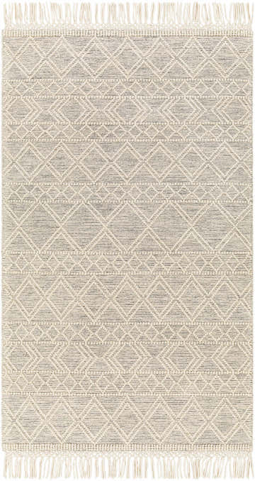 Close-up of the Cameo Scandi Wool Rug. Bone and gray geometric pattern with fringe detail. Farmhouse style. Design-Rectangle-58