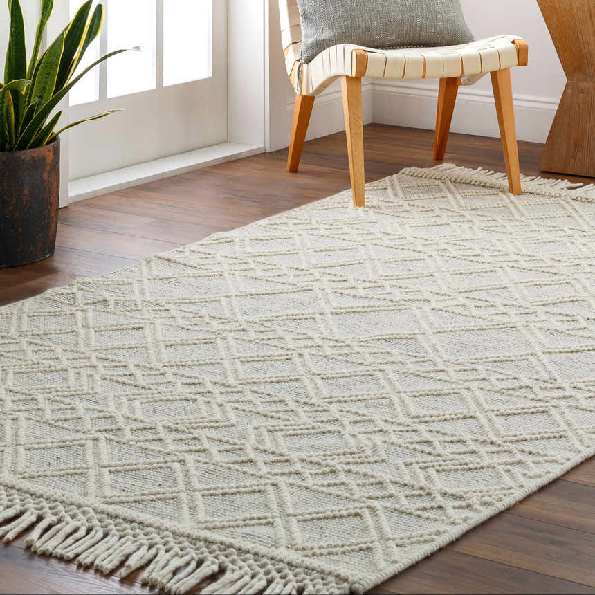 Entryway scene with Cameo Scandi Wool Rug in bone color, geometric design, and fringe detail on hardwood floor. Roomscene-Rectangle