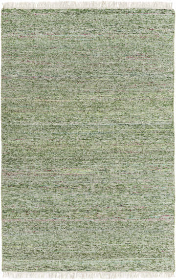 Close-up of the hand woven Campti Area Carpet. Aqua, grass green, ivory, light green, and rust colors. Wool and viscose blend. Design-Rectangle-576