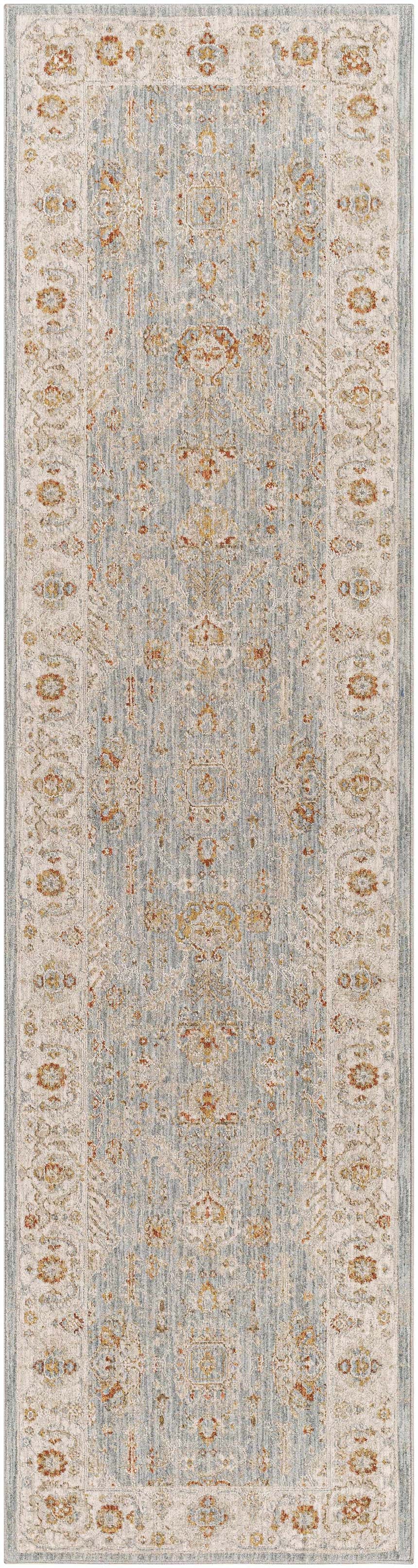 Close-up of the Camrose Thick Luxe Statement Rug. Oriental rug design in light beige, denim blue, and brick red tones. Design-Runner-2710