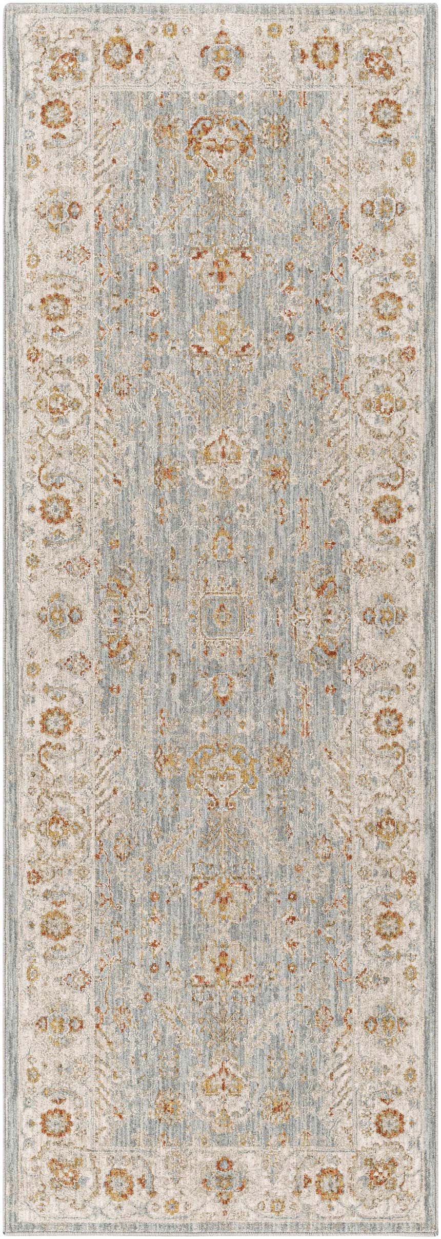 Close-up of the Camrose Thick Luxe Statement Rug; light beige and light gray with brick red, mustard, and olive floral accents. Design-Runner-2773