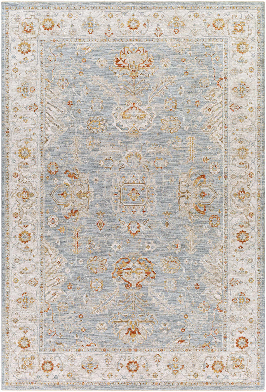 Close-up of the Camrose rug featuring a traditional oriental design in light blue, beige, and brick red tones. Design-Rectangle-6796