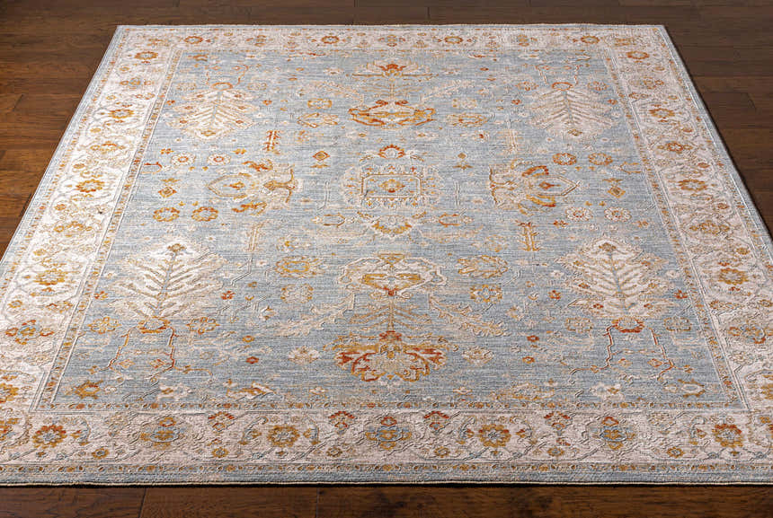 Close-up of the Camrose Thick Luxe Statement Rug, a traditional rug in light blue, beige, and warm orange tones. Front