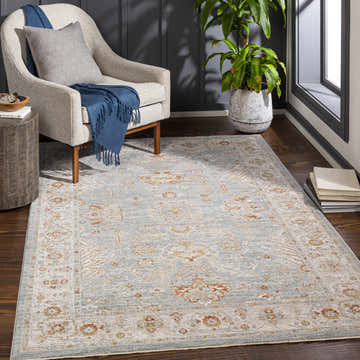 Living room scene with a light beige chair and Camrose Thick Luxe Statement Rug in light blue and brick red. Roomscene-Rectangle