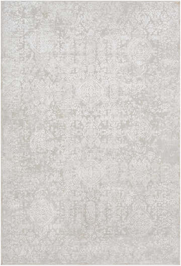 Close-up of the Canaseraga Area Rug. Light gray rug with off-white vintage-inspired bohemian pattern. Design-Rectangle-5373