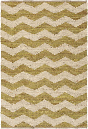 Close-up of a hand-woven Cardigan Jute Carpet. Beige and lime green zig zags create a farmhouse style, natural fiber rug. Design-Rectangle-576