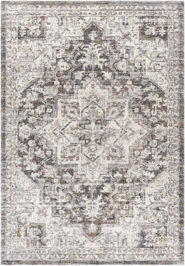 Close-up of the Cardston Thick Luxe Rug, showcasing its traditional oriental pattern in brown, charcoal, cream, and gray tones. Design-Rectangle-5373