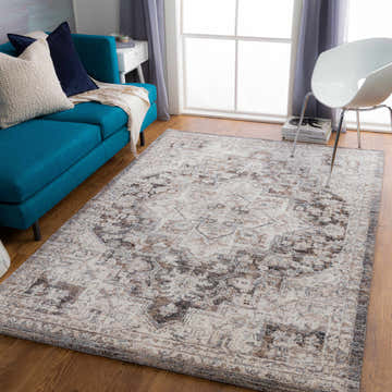 Living room with a blue sofa and the brown, cream Cardston Thick Luxe Rug. Roomscene-Rectangle