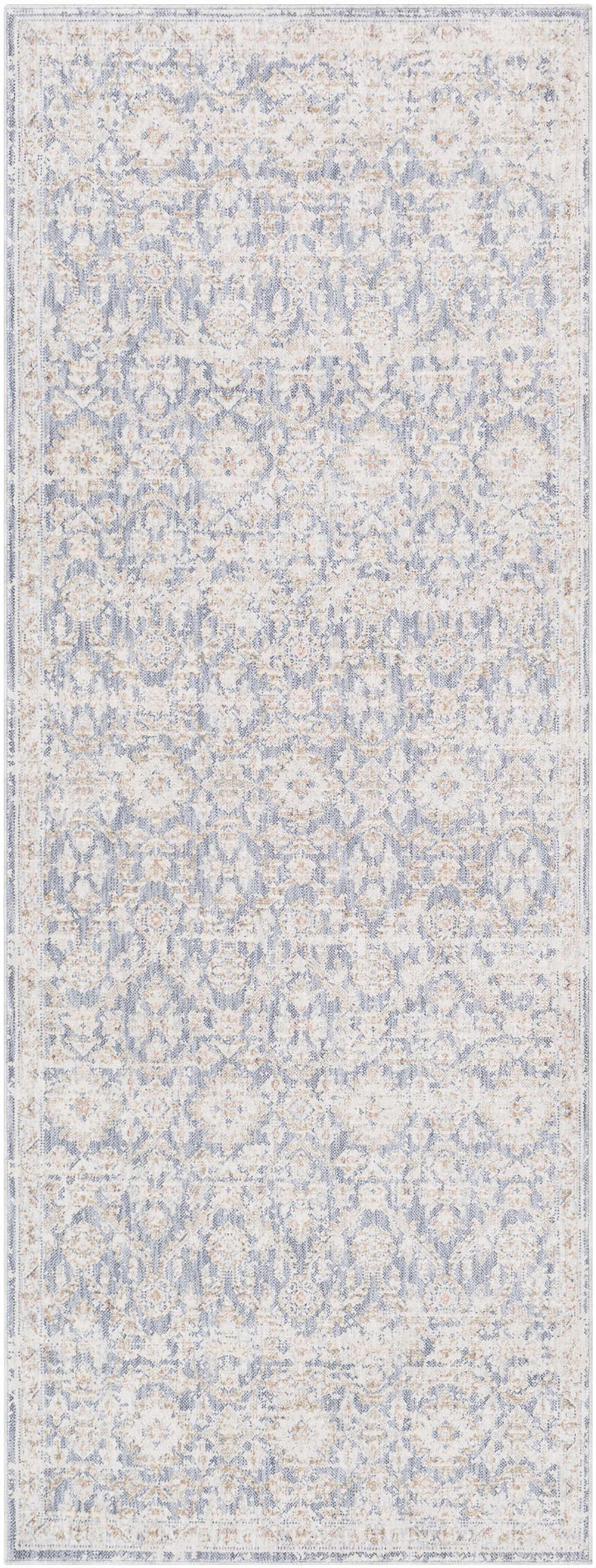 Close-up of the Carlton Area Rug, featuring a traditional pattern in blush, brown, cream, denim, and pale blue. Design-Runner-3310