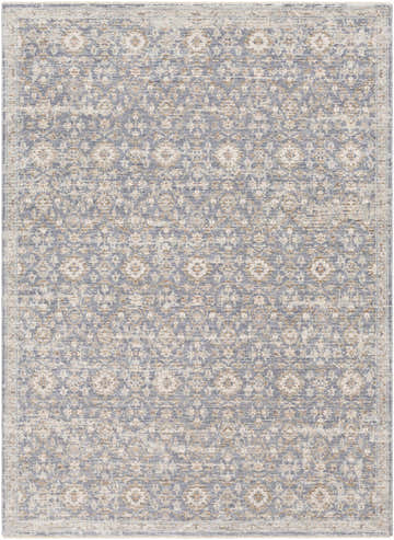 Close-up of the Carlton Area Rug, featuring a traditional floral pattern in denim, taupe, and cream hues. Design-Rectangle-582