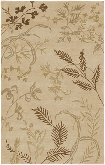 Close-up of the Carpinteria Area Carpet. Hand-knotted wool rug in dark brown, khaki, and tan botanical leaf pattern. Design-Rectangle-58