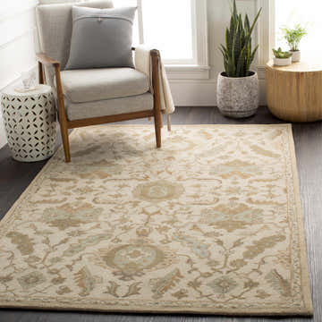 Living room scene with a cream Carrolltown Area Rug, gray chair, and plants. Farmhouse style. Roomscene-Rectangle
