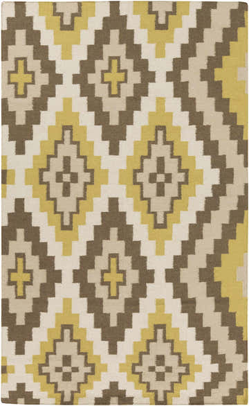 Close-up of the Caspiana Area Rug. Hand woven wool rug with a geometric diamond pattern in cream, beige, olive, and brown. Design-Rectangle-58
