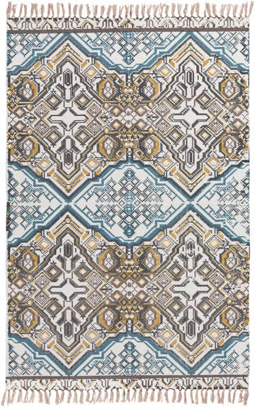 Close-up of the Catherine Area Rug, a hand-woven cotton rug with a bohemian pattern in blue, mustard, brown, and off-white. Design-Rectangle-576