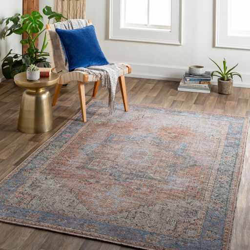 Living room scene with Cayanguan Area Rug in beachhouse blue, red, and brown tones. Chair, side table, plants. Roomscene-Rectangle