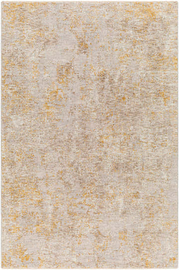 Close-up of Cayhagan Mustard Luxe Rug. Contemporary design with light brown, gray, tan, and mustard hues. Design-Rectangle-575